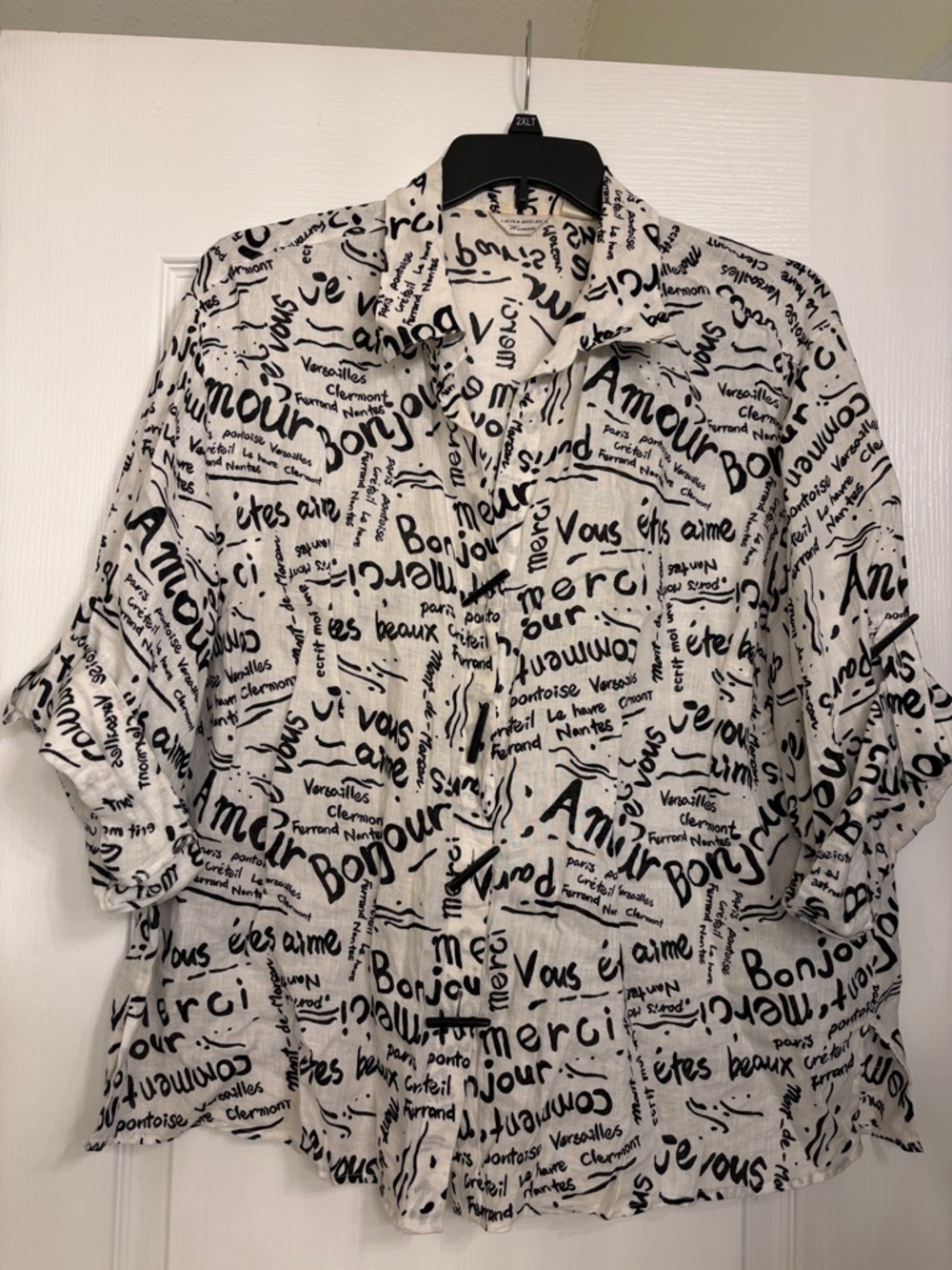 Linen blouse with French words. Great as top or jacket, by Laura Ashley.